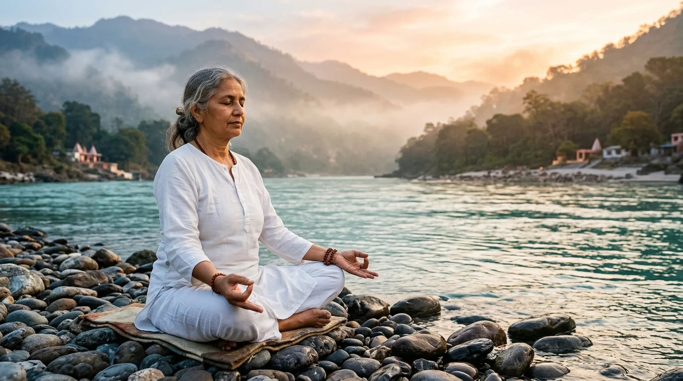 Indian yoga practitioner meditating peacefully by the sacred turquoise Ganga river in Rishikesh during dawn