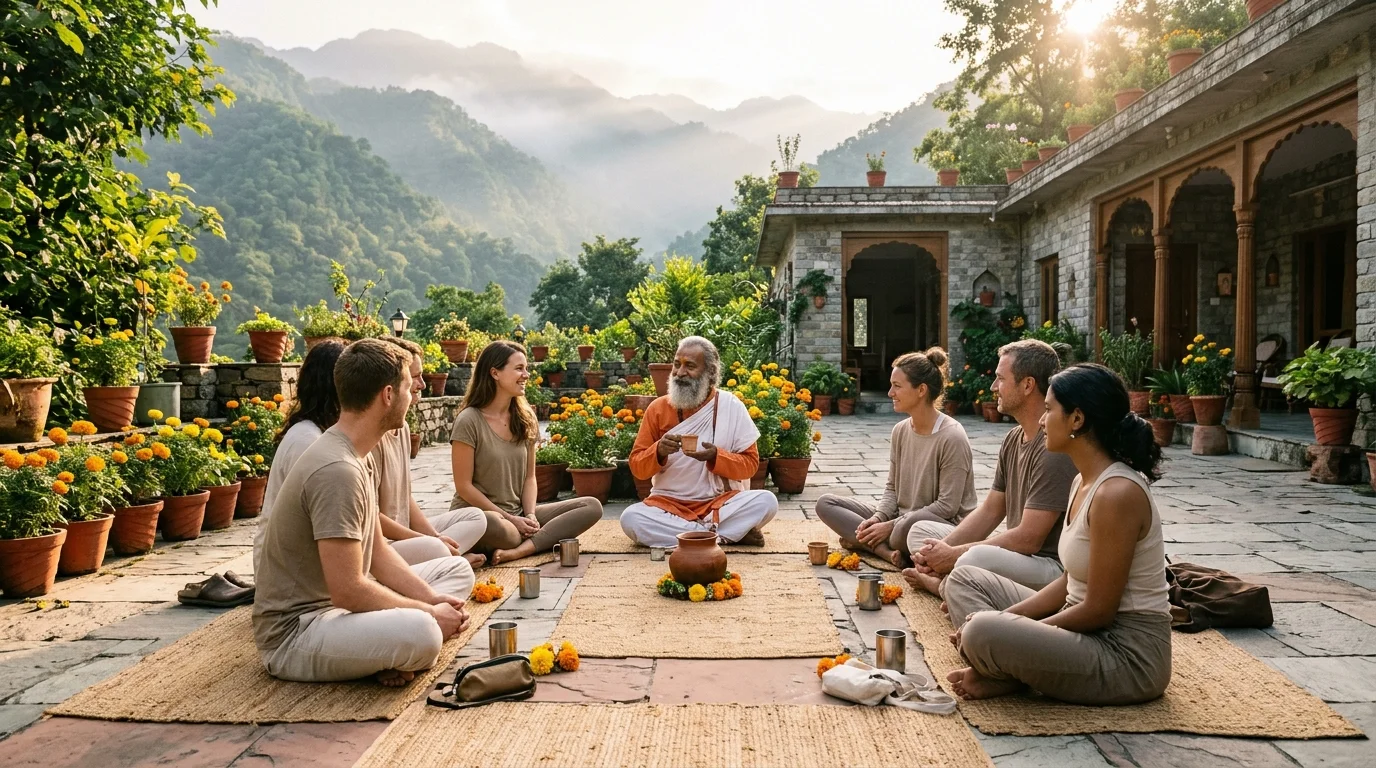 Yoga master and students practicing mindful community living and gentle kindness in an open-air ashram courtyard in Tapovan Rishikesh