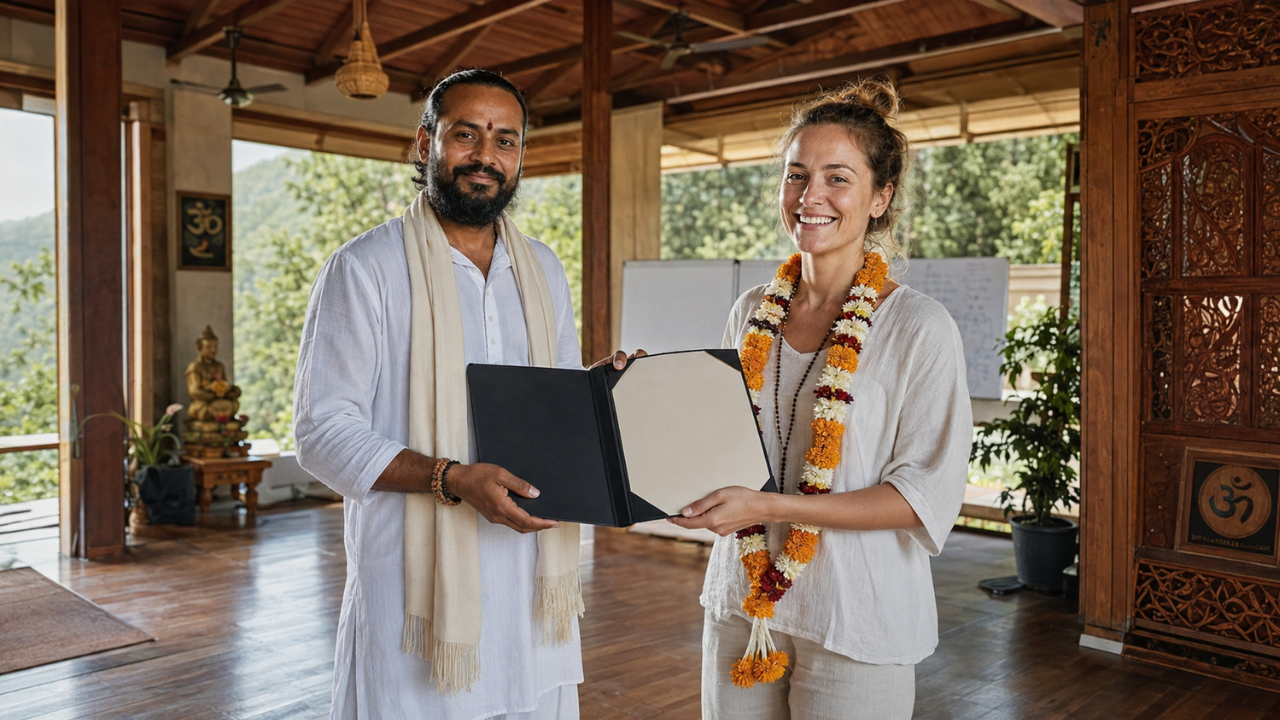 Student receiving Yoga Alliance RYT 200 certificate after 200 hour yoga teacher training in India