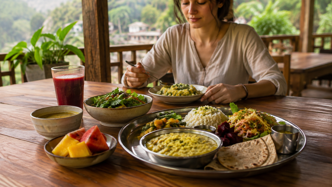 Clean detox diet meal plate served at a Rishikesh yoga retreat