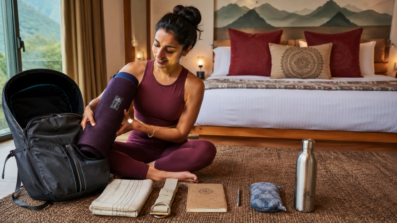 Yoga gear for a retreat in Rishikesh — travel yoga mat, yoga strap, eye pillow, and small towel packed next to a travel bag