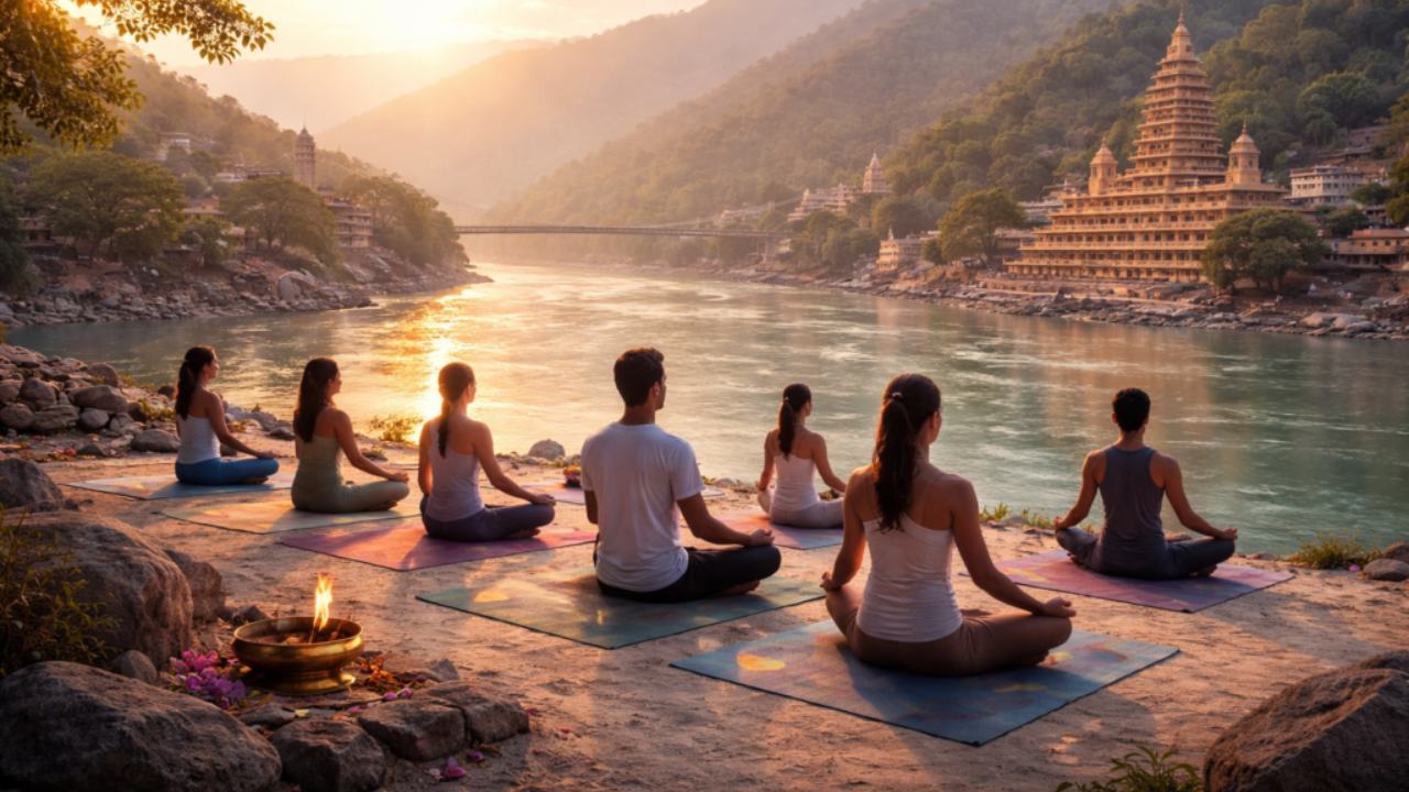 Evening meditation session during a 3 day yoga retreat by the river in Rishikesh