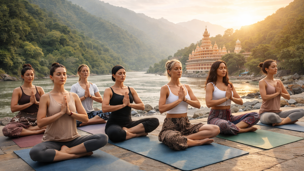 Short 3 day yoga retreat morning class in Rishikesh with students doing yoga