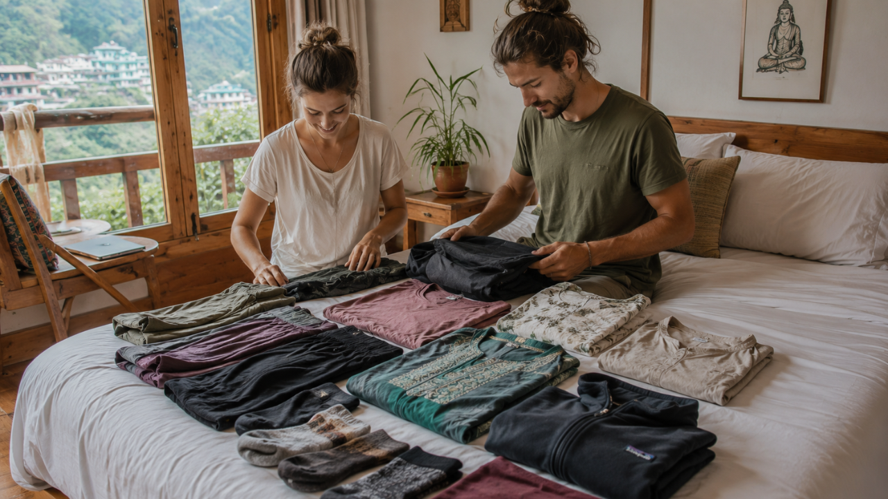 Comfortable yoga retreat clothes for India — loose cotton yoga pants, light t-shirts, a warm layer, and modest kurta laid out for packing