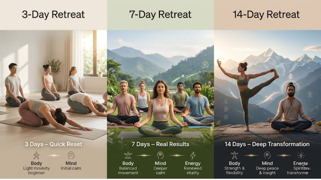 Yoga retreat duration comparison chart showing 3 day 7 day and 14 day retreat differences