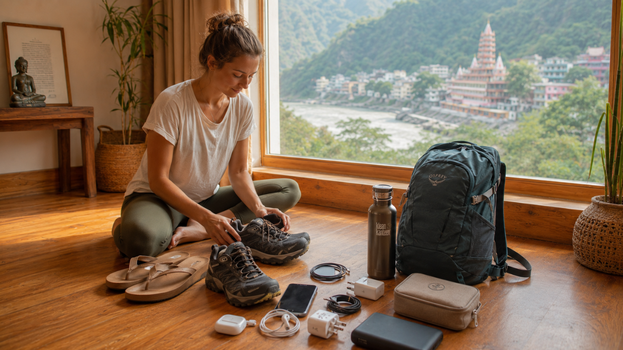 Footwear and travel electronics for a yoga retreat in India — sandals, light trekking shoes, phone charger, universal adapter, and reusable water bottle