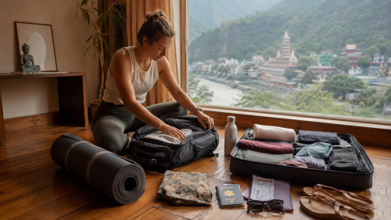 Yoga retreat packing list for India — open travel bag with yoga mat, light clothes, water bottle, and essentials laid out on a wooden floor