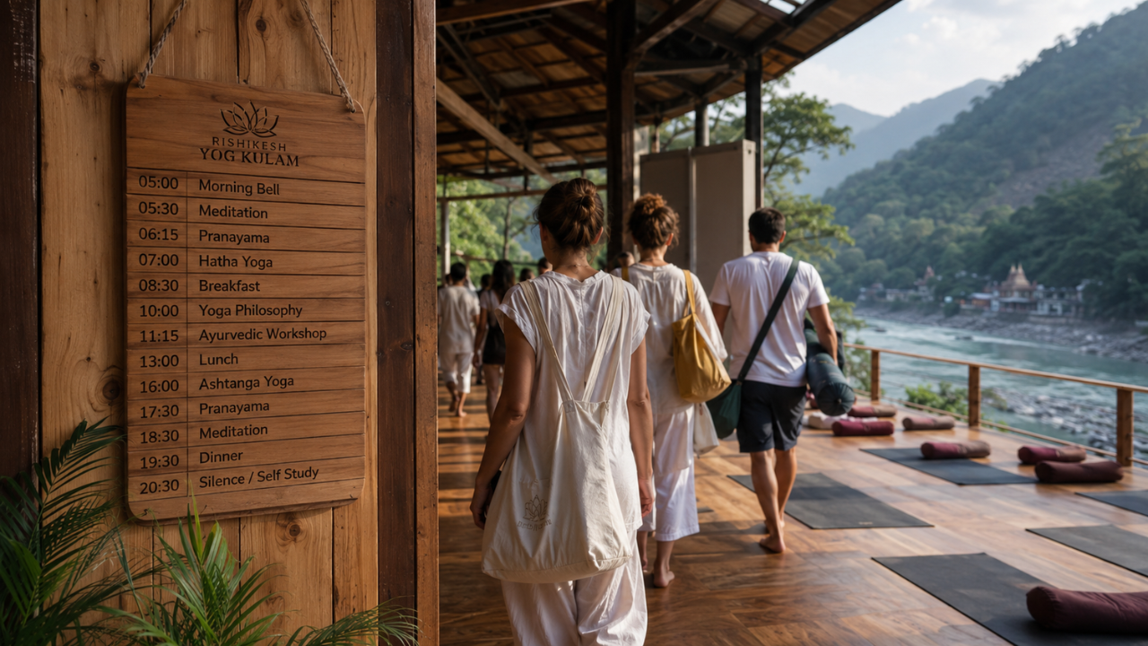 Daily schedule board at a yoga retreat in Rishikesh showing morning meditation, pranayama, yoga class, and meal timings