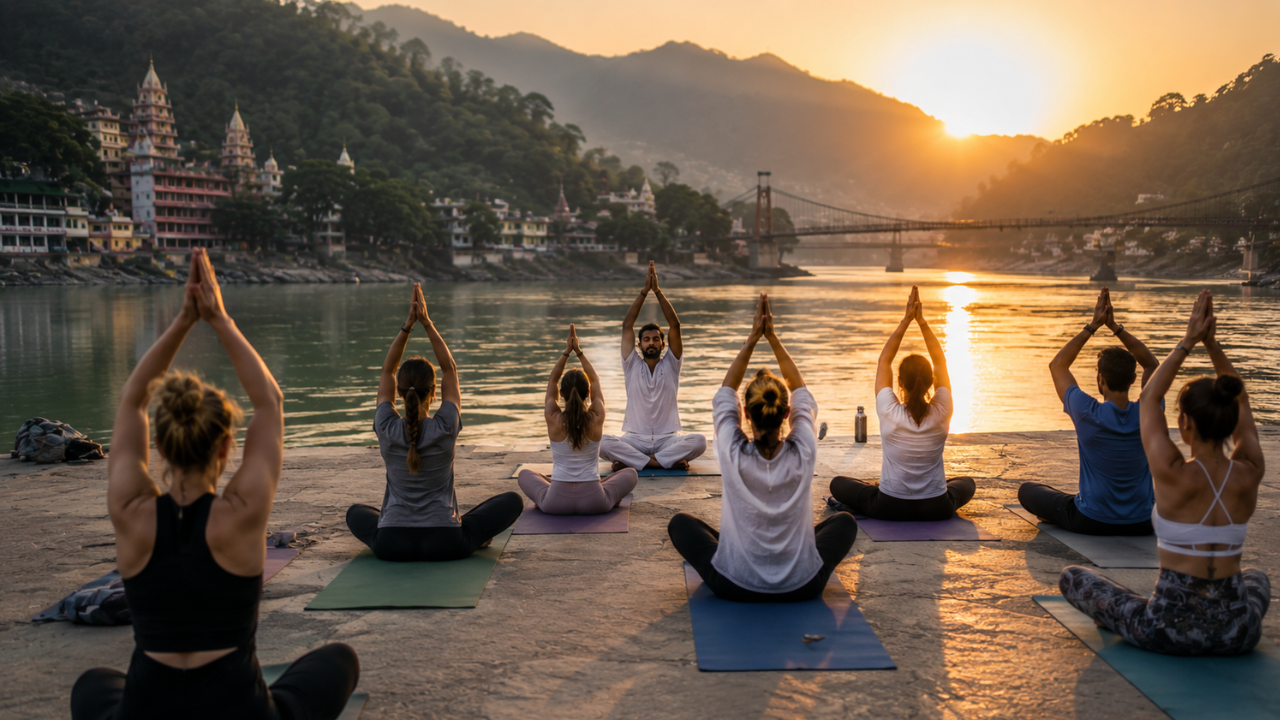 Yoga retreat in Rishikesh with a view of the Ganga river and sunrise light over the mountains during morning practice