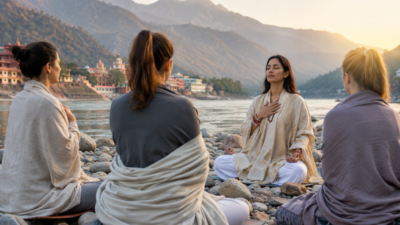 Group meditation session during a yoga retreat in Rishikesh in the early morning with Himalayan forest in the background