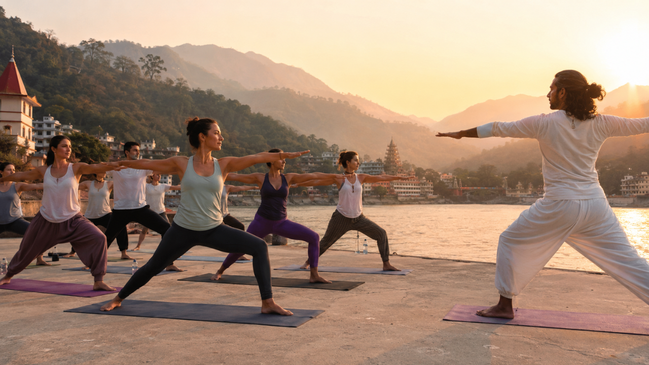 Morning yoga class at a Rishikesh yoga retreat — students in warrior pose with the Ganga river visible in the background at sunrise