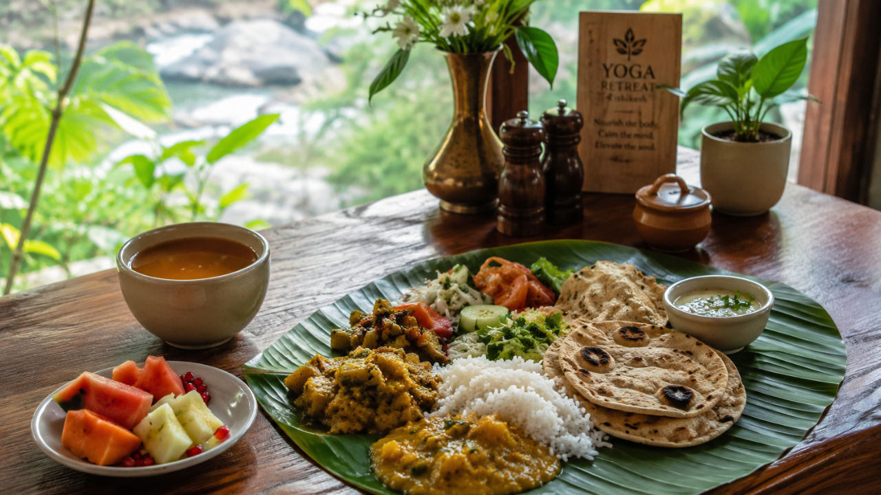 Sattvic vegetarian meals served at a yoga retreat in Rishikesh — fresh dal, rice, roti, and seasonal vegetables on a banana leaf