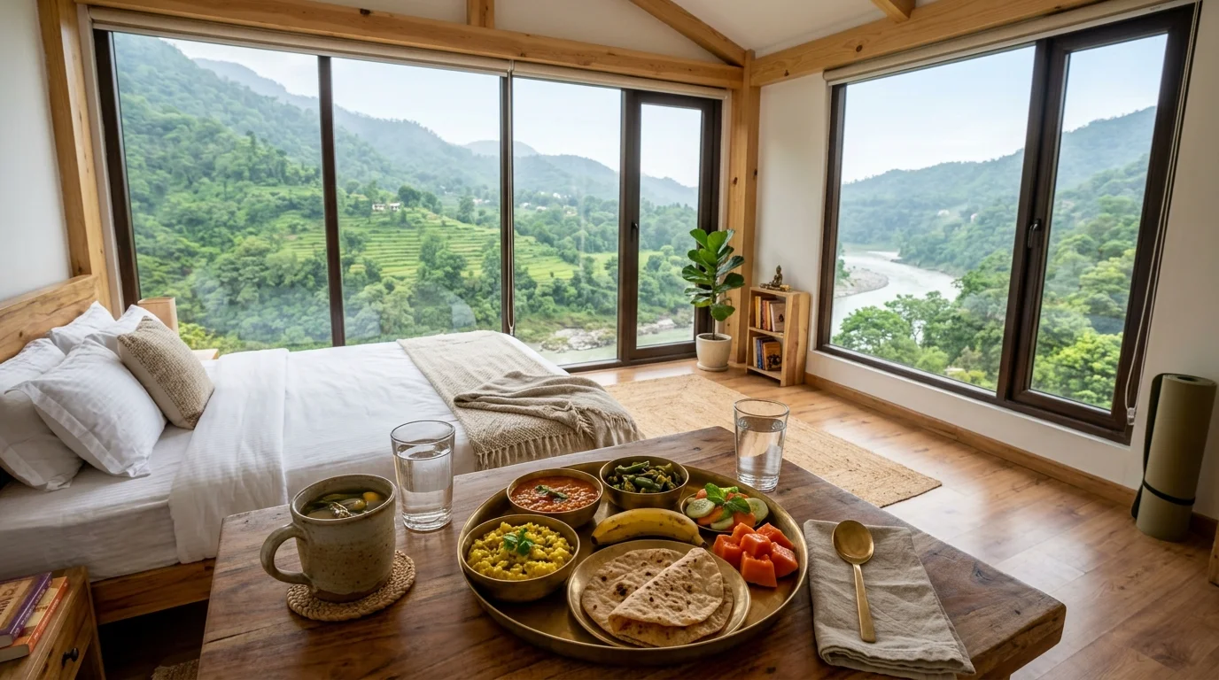 Clean comfortable private room and traditional Sattvic Ayurvedic vegetarian thali in Rishikesh yoga retreat