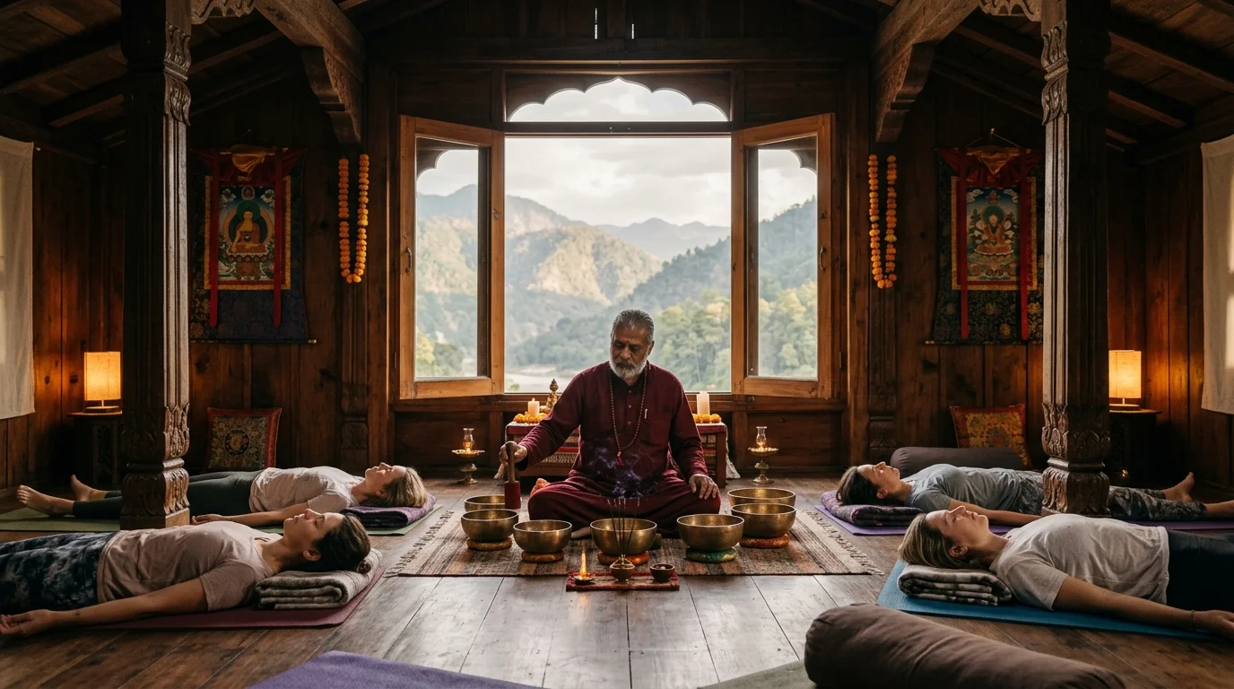 Tibetan singing bowl sound healing and meditation session inside an authentic wooden yoga hall in Rishikesh with mountain view