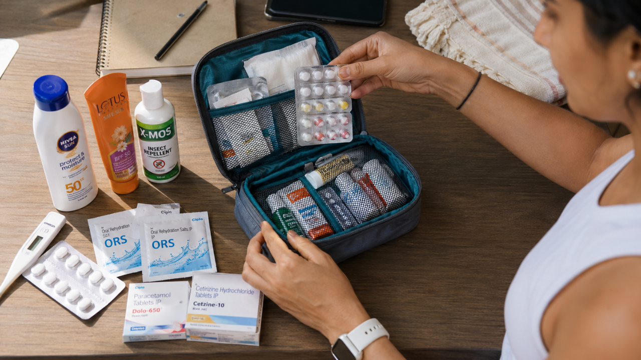 Travel medicine kit for a yoga retreat in India — small first aid pouch with ORS sachets, antacids, pain relief tablets, and insect repellent