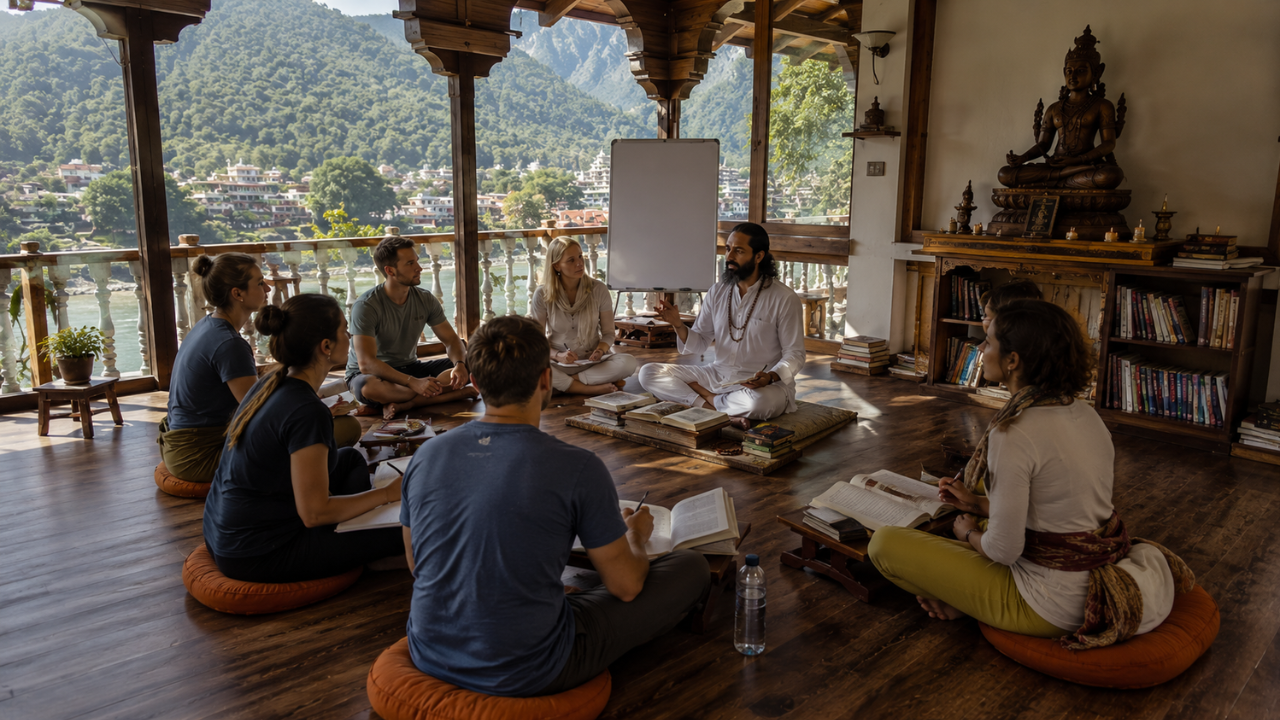 Students studying the Yoga Sutras of Patanjali in a yoga philosophy class in Rishikesh